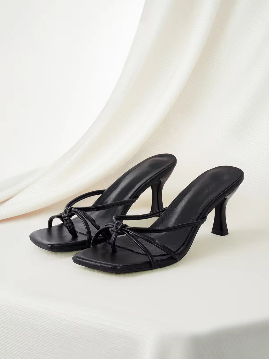 Clariva Multiple Strap Criss-Cross Design Slip-On Black Square Toe Stiletto Heel Sandals, Fashionable High Heel Mules, Comfortable Black High Heels, Kitten Heel, Suitable For Any Formal Occasion For Women,Spring Summer Outfits